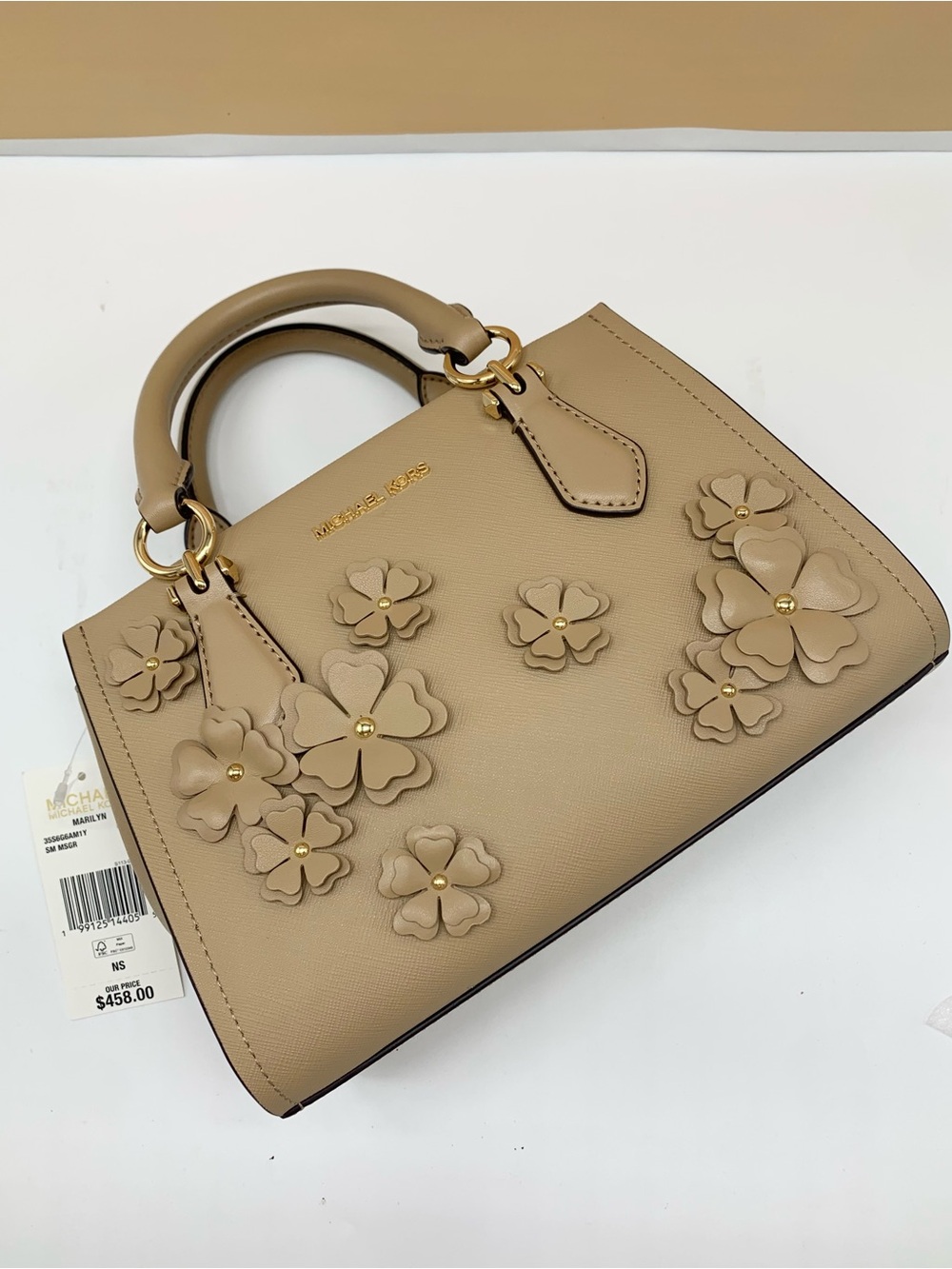 NWT Michael Kors Marilyn  Camel Floral Applique Satchel - Picture 12 of 15